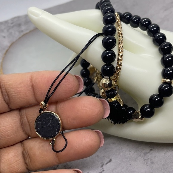 Boho Chic Black Marble Beaded Layering Bracelet Set - Picture 7 of 13